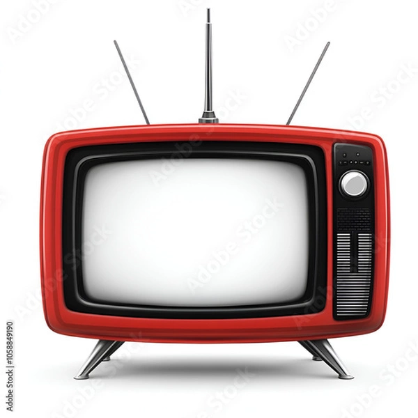 Fototapeta Vintage red television set with rabbit ears and a sleek design against a plain background evoking nostalgia for classic media