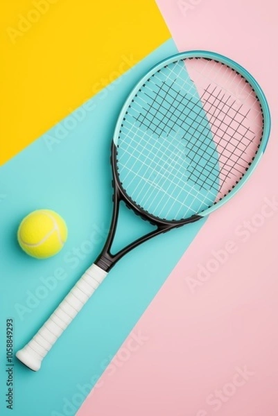 Fototapeta A tennis racket and a tennis ball are placed on a colorful background. The racket is blue and white, and the ball is yellow. Concept of playfulness and fun