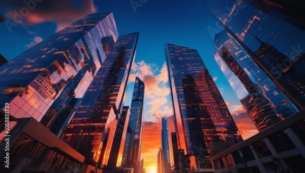 Obraz Glassy skyscrapers reflect colorful sunset skies, showcasing futuristic city architecture