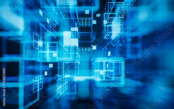 Fototapeta Digital cyberspace with glowing cross lines, 3d rendering.