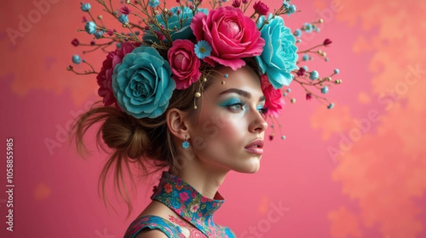 Fototapeta Vibrant Surreal Fashion and Portrait Photography: Captivating High-End Style, Studio Art, and Chic Concept
