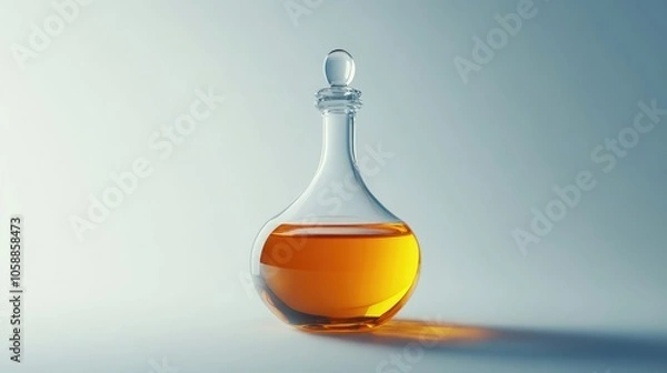 Fototapeta A glass bottle with a round body and a stopper sits on a white surface, filled with a bright amber liquid.