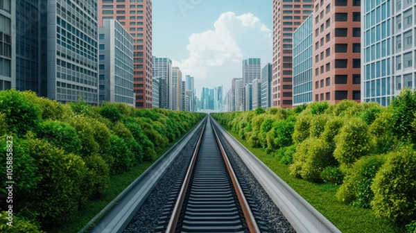 Fototapeta Urban landscape with green technology and railway tracks in city