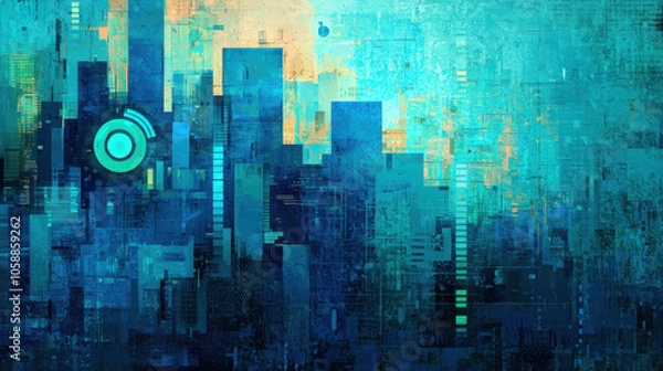 Fototapeta Artistic cityscape with holographic net and zero symbols, vibrant colors