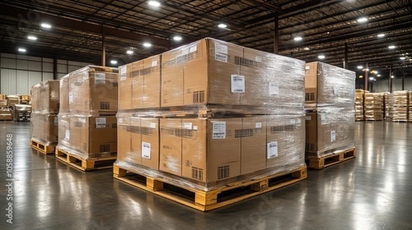 Obraz Three large boxes stacked on top of each other in warehouse, with more boxes and pallets in the background