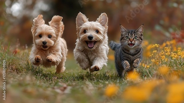 Fototapeta Three playful dogs and one cat running across grassy field, full of energy and joy