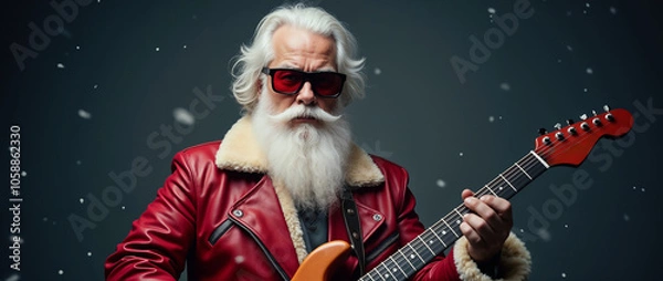 Fototapeta A stylish Santa Claus in a red leather jacket plays guitar, surrounded by falling snowflakes. The scene captures a mix of holiday tradition and modern cool.

