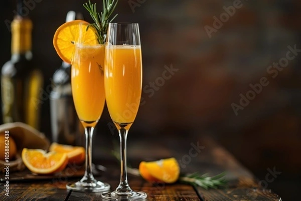 Fototapeta Photo of two mimosa cocktails in flute glasses with orange slice and rosemary twig on wooden bar against dark background Horizontal orientation with shallow depth of field and room