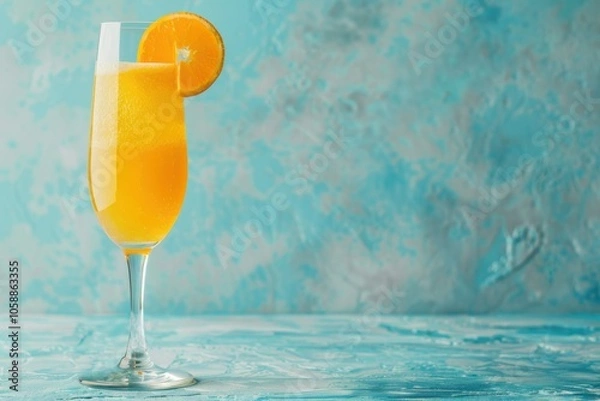 Fototapeta Traditional mimosa cocktail with orange juice on light blue background Summer bar menu idea with space for text