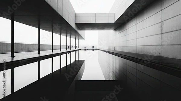 Fototapeta Minimalist black and white urban landscape captured with geometric lines and reflections, emphasizing the industrial elements and creating a serene photo style with ample copy space.