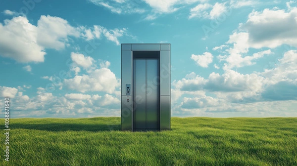 Fototapeta a single elevator door standing in the middle of the green field, beautiful summer day, cinematic shot, tilt angle shot