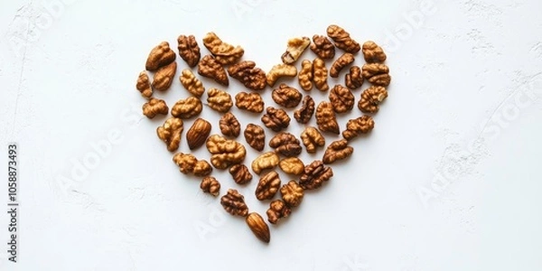 Fototapeta A design shaped like a heart created using walnuts is set against a white backdrop. The heart shape prominently features walnuts on a clean, white surface.