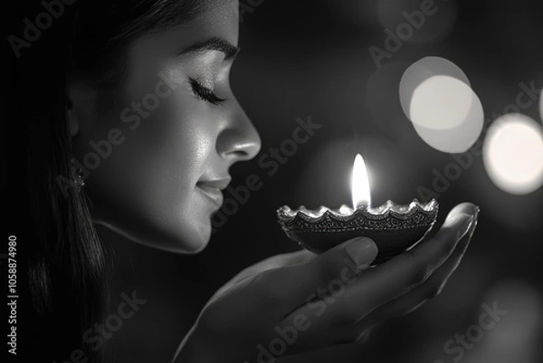 Fototapeta Devotional hands holding lit candle, close-up of woman smiling gently at nighttime, aroma diffusing from warm wax, ritual for peaceful meditation or sacred ceremony.