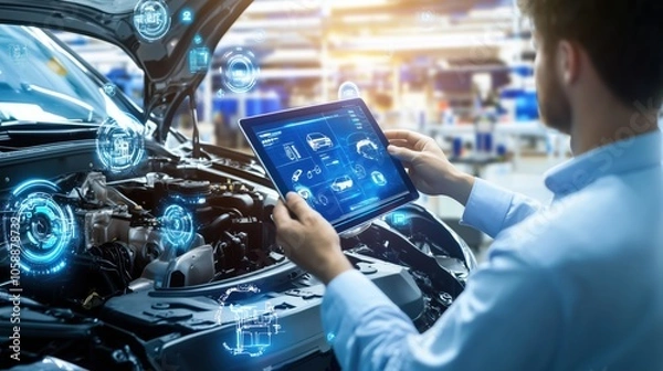 Fototapeta Diagnose car problems with a tablet. Futuristic car repair service center