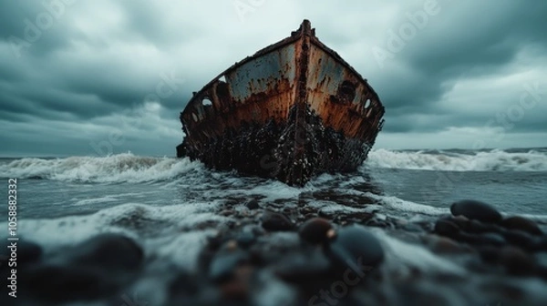 Fototapeta A weathered and rusty shipwreck sits on the shore as waves crash and dark clouds loom overhead, highlighting the passage of time and nature's power over man-made objects.