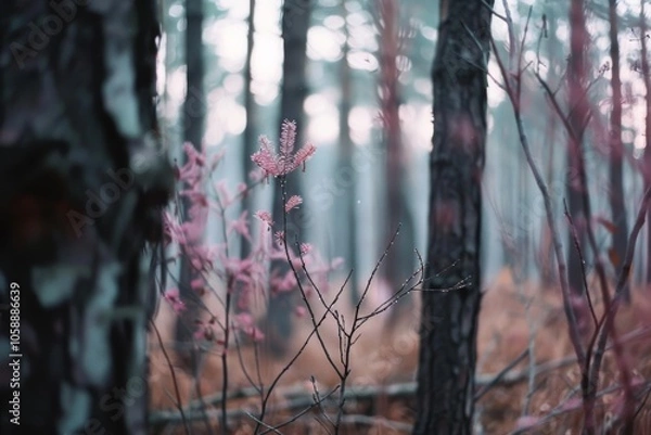 Obraz Delicate pink blossoms are framed by tall trees in a tranquil forest, evoking a serene and slightly mystical atmosphere.