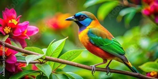 Fototapeta Stunning Portrait of a Colorful Macau Bird Perched on a Vibrant Tree Branch in Nature's Splendor