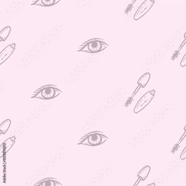 Fototapeta Simple pink monochrome seamless pattern with makeup, eyes and mascara. Vector background for a beauty salon, advertising the services of a hairdresser, cosmetologist. Set of symbols and icons 