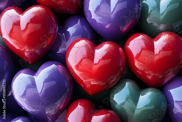 Fototapeta 3D hearts background, in the style of red, dark green, blue, purple, pink, and white, with red heart shapes