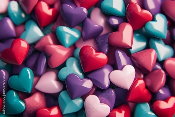 Fototapeta 3D hearts background, in the style of red, dark green, blue, purple, pink, and white, with red heart shapes