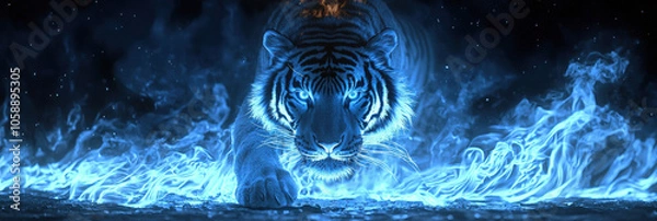 Obraz majestic tiger with glowing blue stripes prowls through mystical flames, exuding power and grace in captivating display of nature beauty
