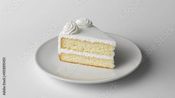 Fototapeta Delicious slice of vanilla cake with cream frosting on a white plate