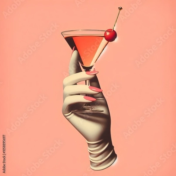 Fototapeta a vintage retro female hand holding a cocktail isolated on a plain background, 1960s and 70s style