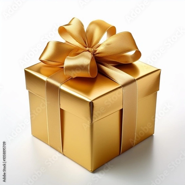 Fototapeta large gold color box with a gift tied with a ribbon and bow isolated on a white background