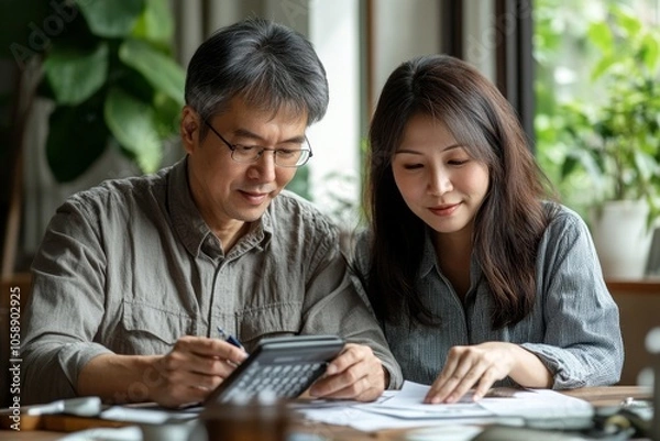 Fototapeta financial in family concept, Happy Asian husband and wife calculating income and bills to plan for investment, Generative AI