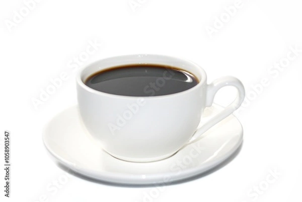 Obraz Isolation photos of Hot coffee serving on white background with coffee beans in the sack.