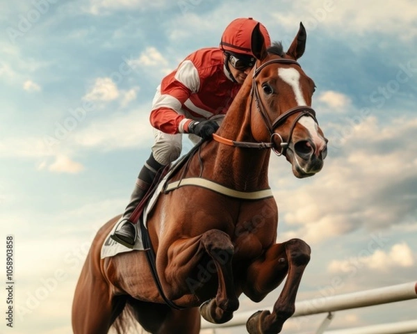 Fototapeta Horse and Jockey Jumping Over a Steeple Hurdle