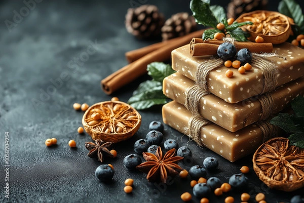 Obraz Christmas still life with spices, decorated with dried oranges, cinnamon sticks, blueberries, and star anise on a dark background. Christmas aromatherapy.