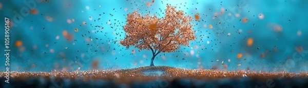 Fototapeta Autumnal Tree with Falling Leaves in a Blue Sky with Bokeh Effect