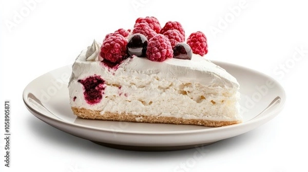 Fototapeta Delicious slice of raspberry cheesecake with fresh cream topping