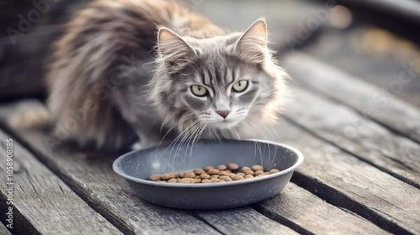 Fototapeta Cat Eating from Bowl on Rustic Wooden Surface