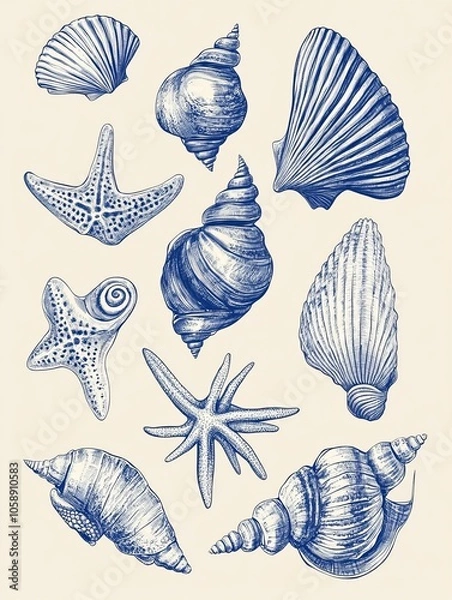 Fototapeta An illustration of various seashells and starfish drawn in blue ink on beige paper