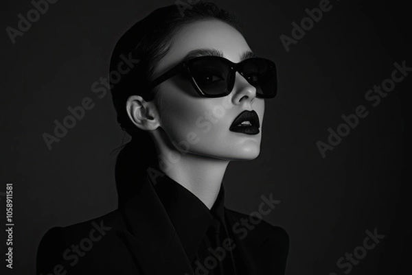 Fototapeta witch in black sunglasses in a suit on a plain background. strong emotions. different tones. on a black background. 
