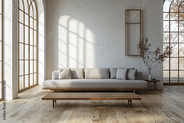 Fototapeta A mid century modern interior with white-finished walls and a bright living room with a sofa and table. Generative AI
