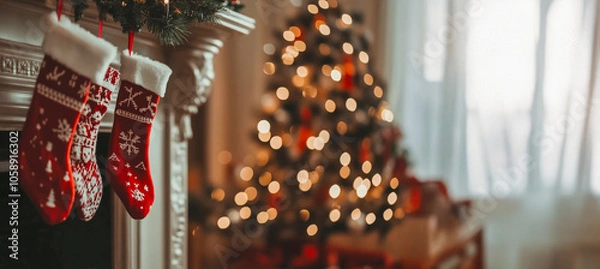 Obraz Concepto navideño mágico y vintage en rojo navideño. Medias navideñas colgadas de una chimenea con un árbol de Navidad borroso y luces de fondo.