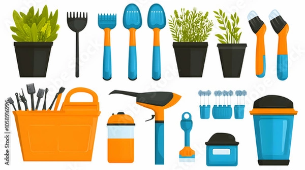 Fototapeta Set of gardening tools and equipment for planting, watering and caring for plants.