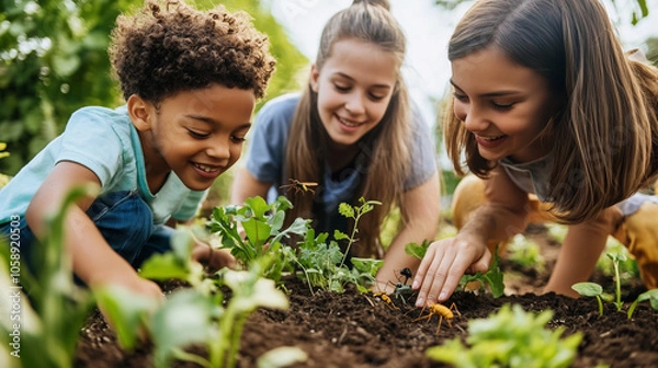 Fototapeta Children exploring nature in a school garden, discovering plants and insects, with teachers guiding them in an interactive outdoor learning experience