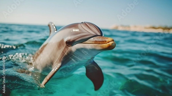 Fototapeta A playful dolphin breaks the surface of calm blue water, catching sunlight in a serene marine environment.