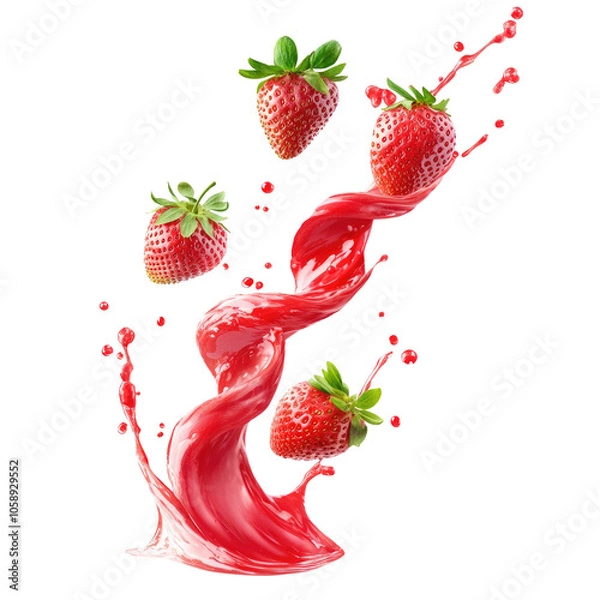 Fototapeta Swirling strawberry juice liquid and beautiful splashes with floating strawberries. twisted liquid strawberry on transparent background