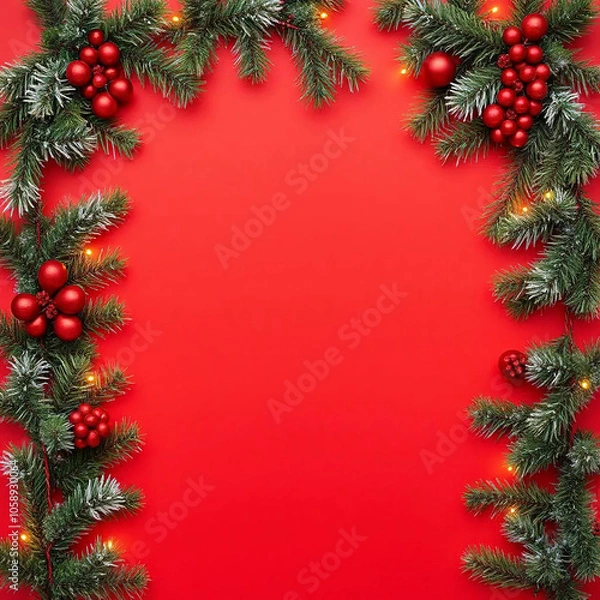 Fototapeta christmas garland mock up copy space, red background, merry christmas and happy new year