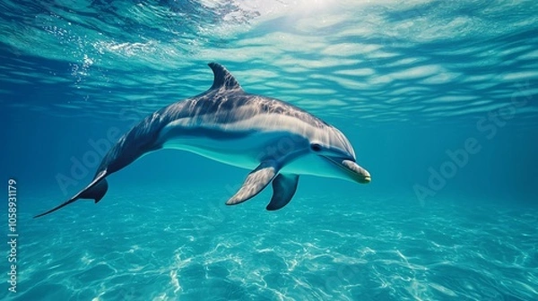 Fototapeta A dolphin swims gracefully through clear blue waters, showcasing its sleek body and playful nature in a serene underwater environment.