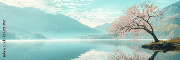 Fototapeta A serene scene captures a cherry blossom tree on a calm lake with distant mountains, evoking peace and reflection.