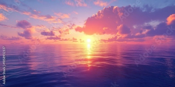 Fototapeta A sunset casts its vibrant colors across the deep blue ocean, creating stunning reflections on the waters surface. The scene showcases the beauty of nature.