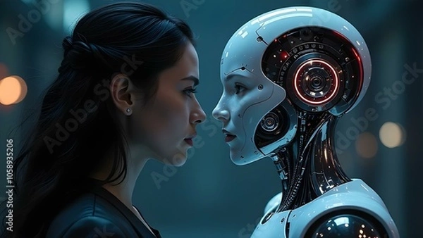 Fototapeta Woman opposite AI. The concept of confrontation between humanity and artificial intelligence. AI generated