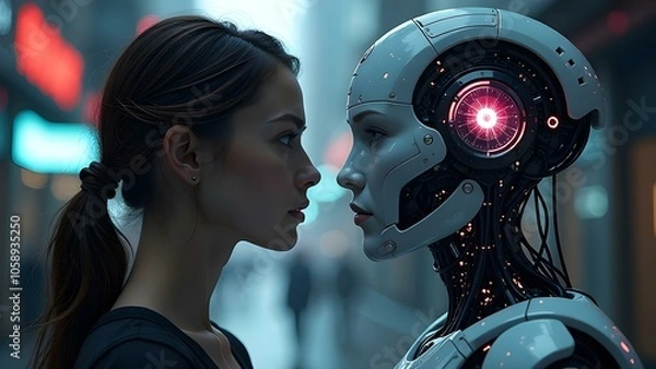 Fototapeta Woman opposite AI. The concept of confrontation between humanity and artificial intelligence. AI generated