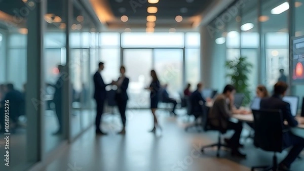 Fototapeta Modern Business Office with Glass Partitions with Blurred People in Casual Clothes. AI generated